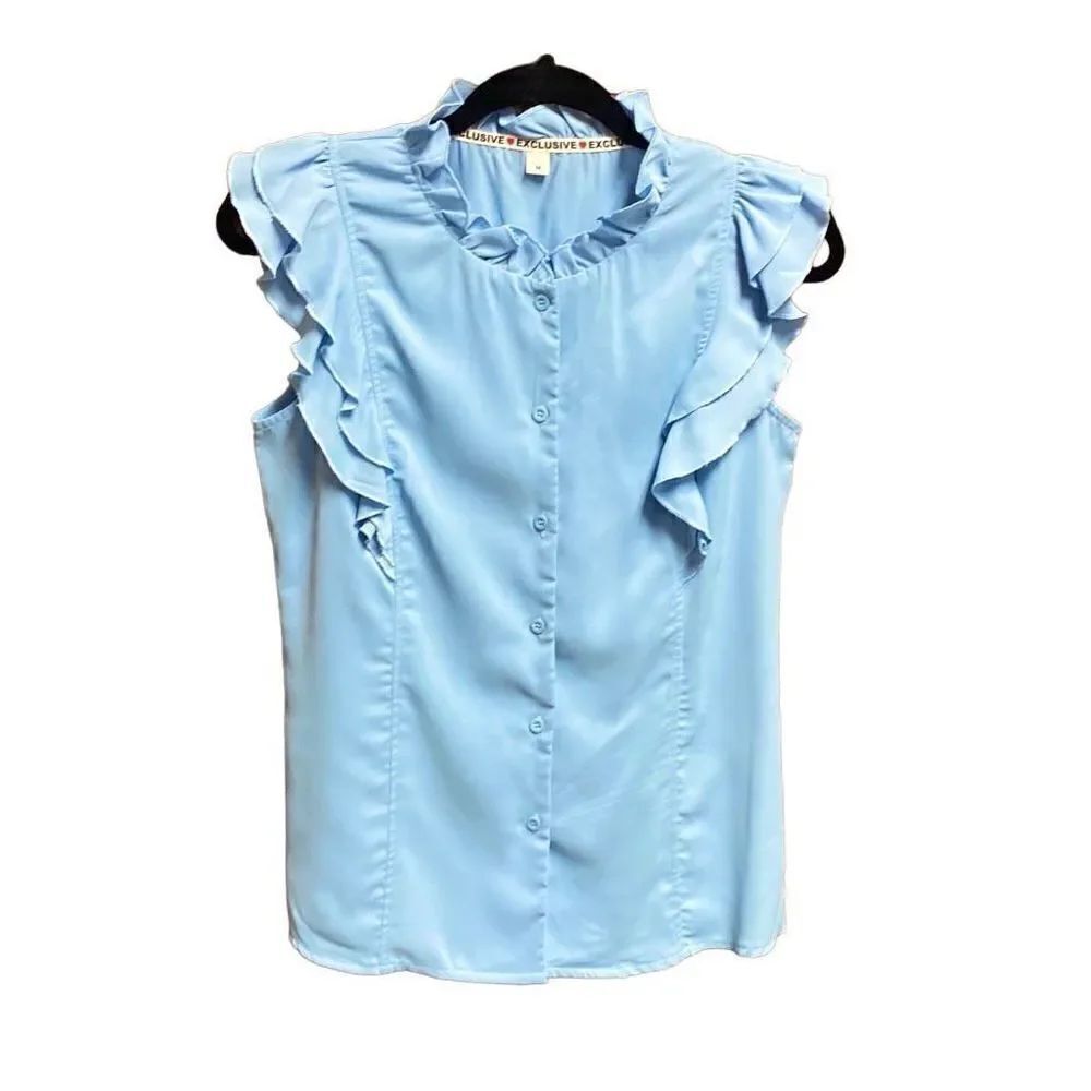Blue Ruffle Sleeve & Ruffle Neck  Button Down Top Size Medium